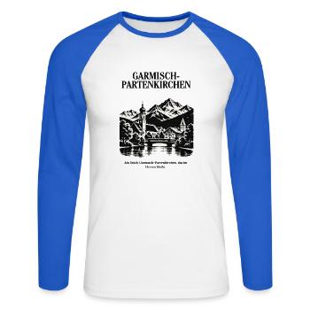 Garmisch Partenkirchen Alpenlandschaft Schwarzweiß - Unisex Baseballshirt langarm - Weiß/Royalblau - Vorne - Nik (191cm)