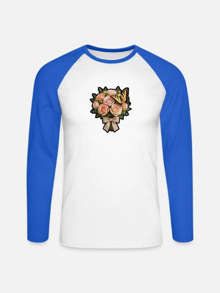 Pfirsichrosen mit Schmetterling - Unisex Baseballshirt langarm - Weiß/Royalblau