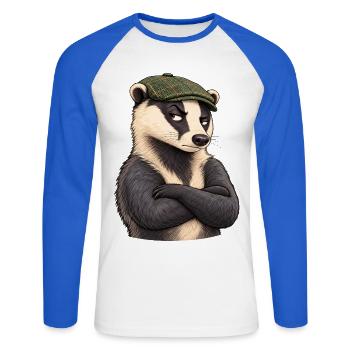 Verdächtiger Flatcap-Dachs - Unisex Baseballshirt langarm - Weiß/Royalblau - Vorne - Nik (191cm)