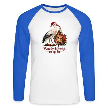 Wesołych Świąt Polnischer Weihnachtsstorch und Pierogi - Unisex Baseballshirt langarm - Weiß/Royalblau - Vorne - Nik (191cm)