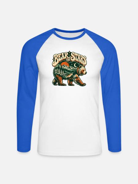 Bär unter Sternen – Berglandschaft Retro - Unisex Baseballshirt langarm - Weiß/Royalblau