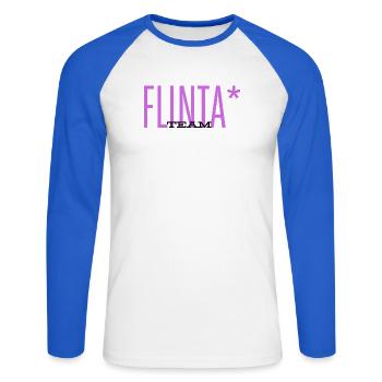 TEAM FLINTA LILA SCHRIFT FEMINISMUS QUEER  - Unisex Baseballshirt langarm - Weiß/Royalblau - Vorne - Nik (191cm)