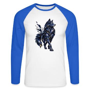 Blau-goldener Origami-Wolf mit sternenbedeckten Galaxien - Unisex Baseballshirt langarm - Weiß/Royalblau - Vorne - Nik (191cm)