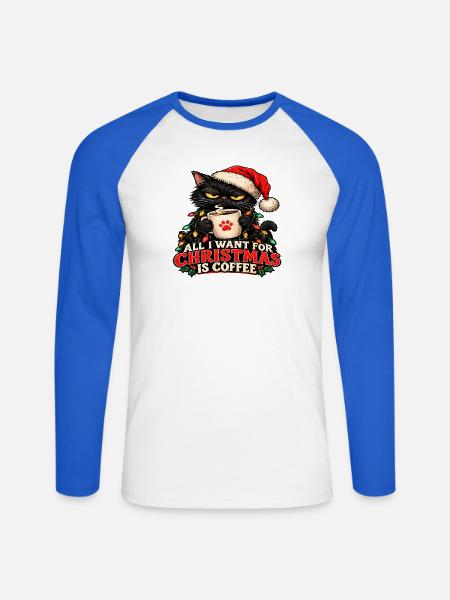 Katze und Weihnachtskaffee - Unisex Baseballshirt langarm - Weiß/Royalblau