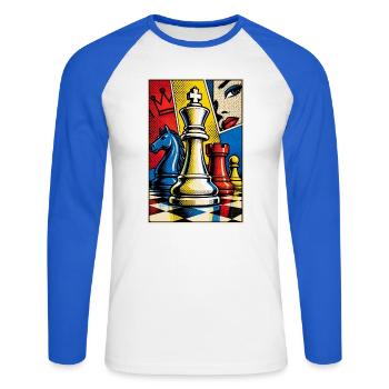 Pop Art Schach Motiv - Geschenk für Schachspieler - Unisex Baseballshirt langarm - Weiß/Royalblau - Vorne - Nik (191cm)