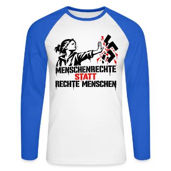 Menschenrechte statt rechte Menschen - Unisex Baseballshirt langarm - Weiß/Royalblau - Vorne - Nik (191cm)