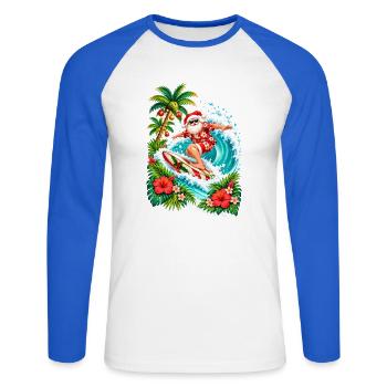 Santa reitet auf den Wellen – Tropisches Surf-Weihnachten - Unisex Baseballshirt langarm - Weiß/Royalblau - Vorne - Nik (191cm)