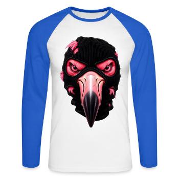 Flamingo mit Sturmhaube – Frecher Streetstyle - Unisex Baseballshirt langarm - Weiß/Royalblau - Vorne - Nik (191cm)