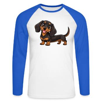 Kawaii Dackel – Niedlicher Hund mit Charme - Unisex Baseballshirt langarm - Weiß/Royalblau - Vorne - Nik (191cm)