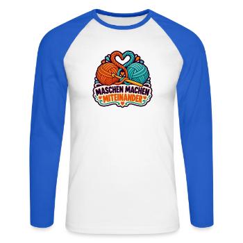 Häkelrunde – Maschen machen Miteinander - Unisex Baseballshirt langarm - Weiß/Royalblau - Vorne - Nik (191cm)
