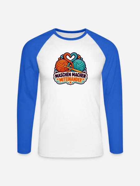 Häkelrunde – Maschen machen Miteinander - Unisex Baseballshirt langarm - Weiß/Royalblau