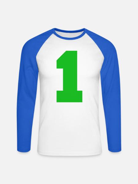 Leuchtendes Eins-Motiv auf Schwarz - Unisex Baseballshirt langarm - Weiß/Royalblau