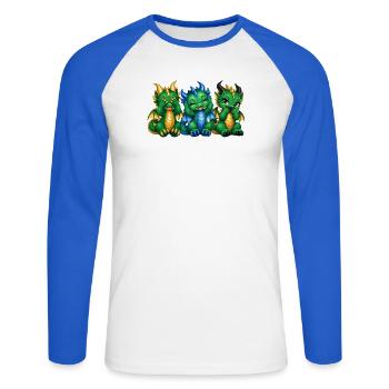 Drei weise Drachen – Nichts sehen hören sagen - Unisex Baseballshirt langarm - Weiß/Royalblau - Vorne - Nik (191cm)