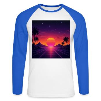 80er-Jahre-Retro mit farbenfrohem Sonnenuntergang - Unisex Baseballshirt langarm - Weiß/Royalblau - Vorne - Nik (191cm)