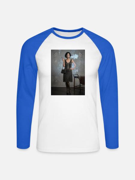 Flapper Noir: Schwarzes Perlenkleid - Unisex Baseballshirt langarm - Weiß/Royalblau