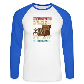 Nicht schlafen, Augen ausruhen - Unisex Baseballshirt langarm - Weiß/Royalblau - Vorne - Nik (191cm)