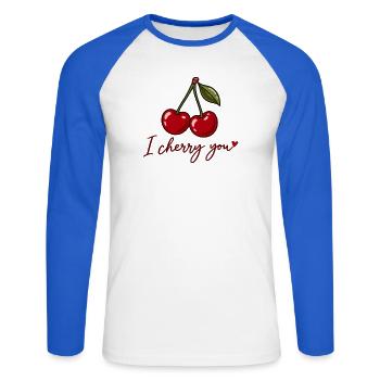 I Cherry You – Süße Kirschen Liebe Herz Geschenk - Unisex Baseballshirt langarm - Weiß/Royalblau - Vorne - Nik (191cm)