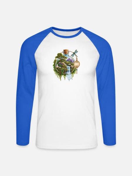 Gartenflasche: Wasserfall im Zauberwald - Unisex Baseballshirt langarm - Weiß/Royalblau