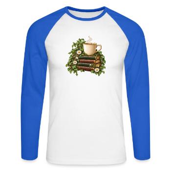 Kaffeezeit im Bücherwald - Unisex Baseballshirt langarm - Weiß/Royalblau - Vorne - Nik (191cm)