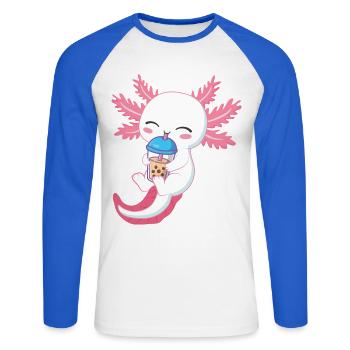 Axolotl, Der Bubble Tea Und Kekse Genießt - Unisex Baseballshirt langarm - Weiß/Royalblau - Vorne - Nik (191cm)