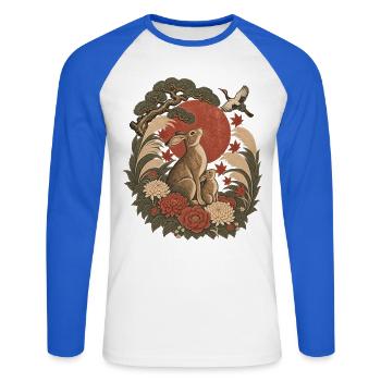 Japanische Hasefamilie & Red Sun – Vintage Wildtiere - Unisex Baseballshirt langarm - Weiß/Royalblau - Vorne - Nik (191cm)