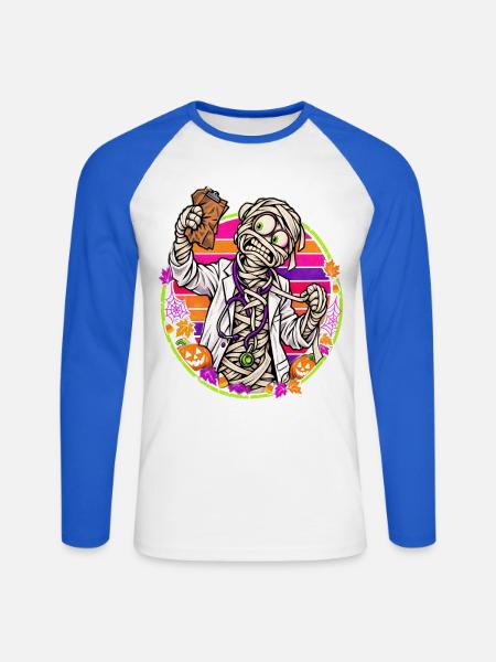 Halloween-Arztmumie vor Retro-Sonne - Unisex Baseballshirt langarm - Weiß/Royalblau