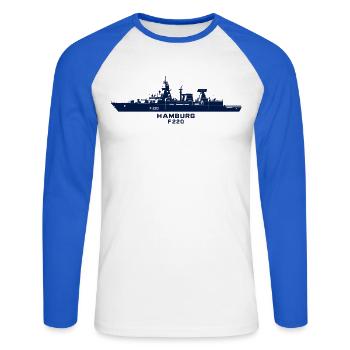 Hamburg F220 – Minimalistische Silhouette - Unisex Baseballshirt langarm - Weiß/Royalblau - Vorne - Nik (191cm)