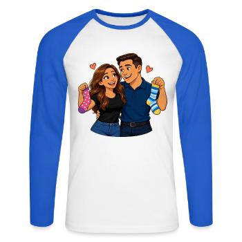 Paar in bunten Socken - Unisex Baseballshirt langarm - Weiß/Royalblau - Vorne - Nik (191cm)