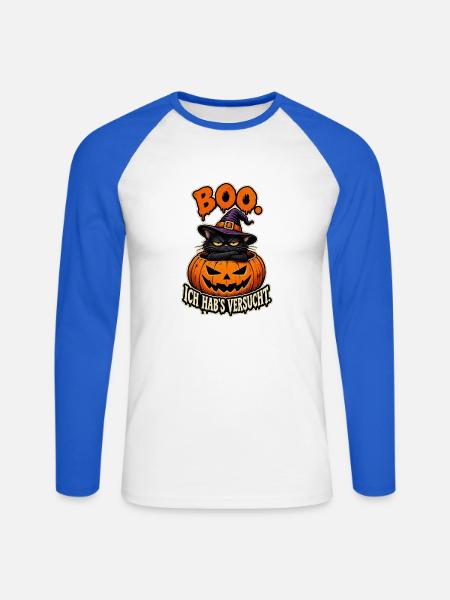 Boo Kürbiskatze mit Hexenhut - Unisex Baseballshirt langarm - Weiß/Royalblau