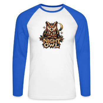 Night Owl Eule Low Poly T-Shirt Nachteule Mond - Unisex Baseballshirt langarm - Weiß/Royalblau - Vorne - Nik (191cm)