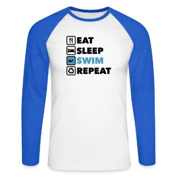 SWIM Active Living: Sportikonen - Unisex Baseballshirt langarm - Weiß/Royalblau - Vorne - Nik (191cm)