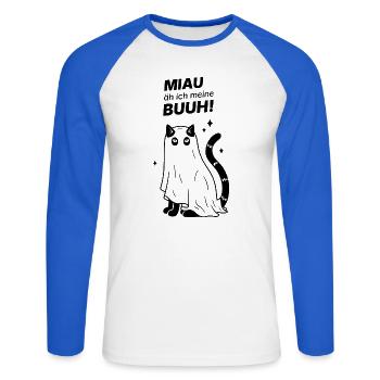 Miau äh ich meine Buuh! - Katze Gespenst Halloween - Unisex Baseballshirt langarm - Weiß/Royalblau - Vorne - Nik (191cm)