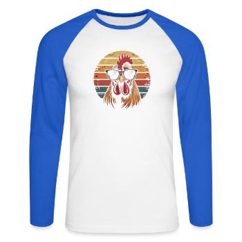 Retro Hahn Sonnenbrille Sonnenuntergang Hühner - Unisex Baseballshirt langarm - Weiß/Royalblau - Vorne - Nik (191cm)
