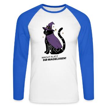 Macht Platz ihr Magielosen! – Schwarze Katze Hexe - Unisex Baseballshirt langarm - Weiß/Royalblau - Vorne - Nik (191cm)