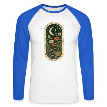 Slower Days, Kinder Minds – Mond & Wildblumen - Unisex Baseballshirt langarm - Weiß/Royalblau - Vorne - Nik (191cm)