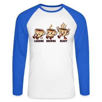 Aufbrühbereite Retro-Kaffeetassen werden geladen - Unisex Baseballshirt langarm - Weiß/Royalblau - Vorne - Nik (191cm)