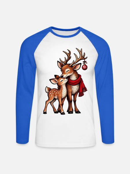 Weihnachts-Rentier-Paar mit rotem Schal - Unisex Baseballshirt langarm - Weiß/Royalblau