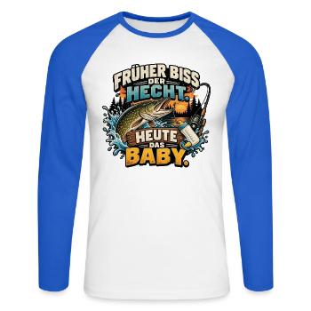 Früher Biss Hecht – Heute Baby - Unisex Baseballshirt langarm - Weiß/Royalblau - Vorne - Nik (191cm)