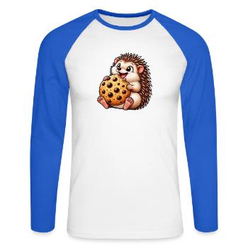 Igel mit Keks Süßigkeit Nachtisch Cartoon - Unisex Baseballshirt langarm - Weiß/Royalblau - Vorne - Nik (191cm)