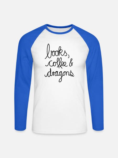 Books, Coffee & Dragons – Design für Leseratten - Unisex Baseballshirt langarm - Weiß/Royalblau