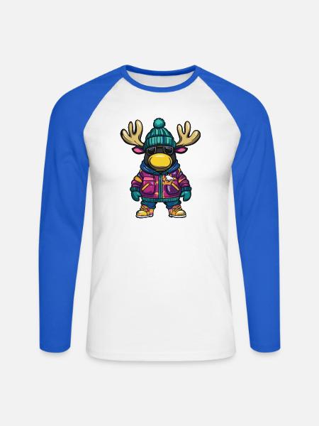 Elch mit Winterjacke und Sonnenbrille - Unisex Baseballshirt langarm - Weiß/Royalblau