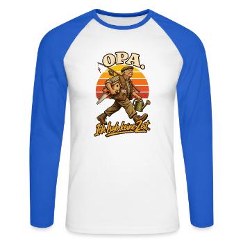 Opa Ich hab keine Zeit - Unisex Baseballshirt langarm - Weiß/Royalblau - Vorne - Nik (191cm)
