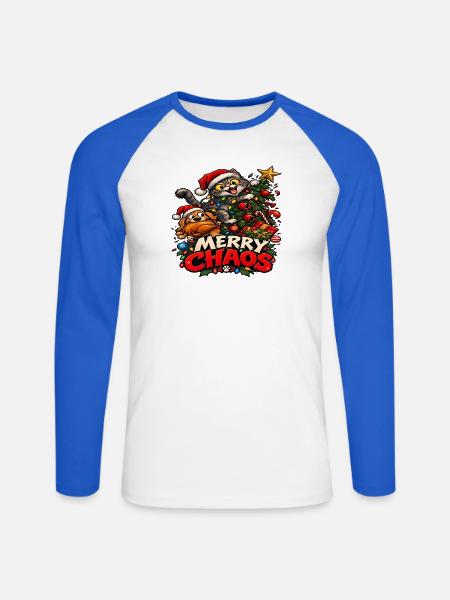 Weihnachtschaos – Katze und Hund - Unisex Baseballshirt langarm - Weiß/Royalblau