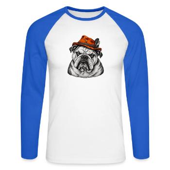 Bulldog im Orange Hut – Retro Flair - Unisex Baseballshirt langarm - Weiß/Royalblau - Vorne - Nik (191cm)