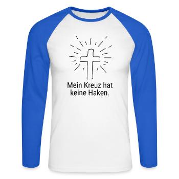 MEIN KREUZ HAT KEINE HAKEN, CHRISTEN GEGEN RECHTS - Unisex Baseballshirt langarm - Weiß/Royalblau - Vorne - Nik (191cm)