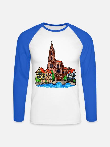 Straßburg Skyline im Wachsmalstil - Unisex Baseballshirt langarm - Weiß/Royalblau