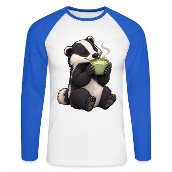Dachs mit Matcha Latte - Unisex Baseballshirt langarm - Weiß/Royalblau - Vorne - Nik (191cm)