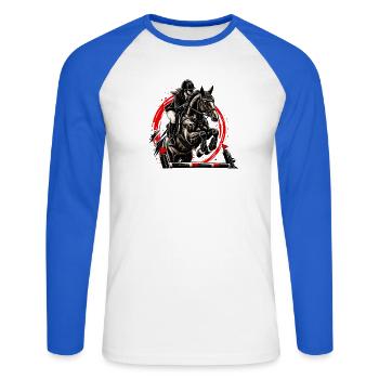 Springreiten - Unisex Baseballshirt langarm - Weiß/Royalblau - Vorne - Nik (191cm)