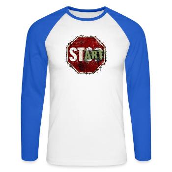 START statt STOP – Motivation Graffiti Streetwear - Unisex Baseballshirt langarm - Weiß/Royalblau - Vorne - Nik (191cm)