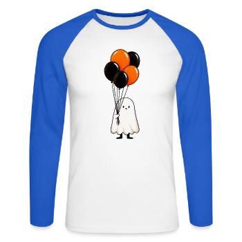 Süßer Geist mit Luftballons – Halloween Motiv - Unisex Baseballshirt langarm - Weiß/Royalblau - Vorne - Nik (191cm)